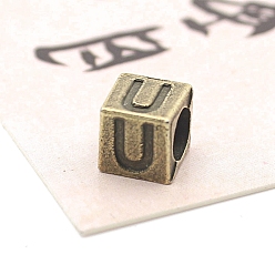 Letter U Европейские бусины из антикварного бронзового сплава, бусины с большим отверстием, куб с письмом, Буква U, 7x7x7 мм, отверстие : 5 мм
