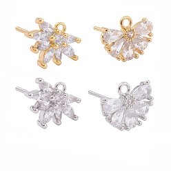 Platinum & Golden 4 Pairs 2 Style Brass Micro Pave Clear Cubic Zirconia Stud Earring Findings, with Loop, Flower, Platinum & Golden, 15mm, Pin: 0.7mm, 4pairs/box