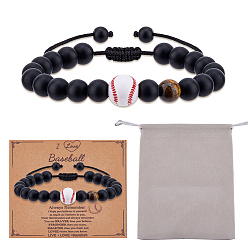 Черный 2шт. плетеные браслеты из акрила, стекла и натурального тигрового глаза, бейсбол, чёрные, внутренний диаметр: -7/8~3-1/8 дюйм(4.7~8см)