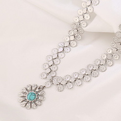 Платина Женские ожерелья с подвесками из нержавеющей стали и синтетической бирюзы в виде цветка, платина, 304 дюйм (15.75 см)
