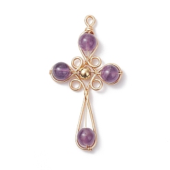 Аметист 4шт 4 стильные подвески с натуральным аметистом, крестики-подвески с медной проволокой, обвитой круглыми латунными бусинами, золотые, 49x26x7 мм, отверстие : 2 мм