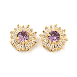 Фиолетовый Многожильные звенья из латуни с паве из кубического циркония, цветок, реальный 18 k позолоченный, фиолетовые, 14.5x7.5 мм, отверстие : 1.6 мм