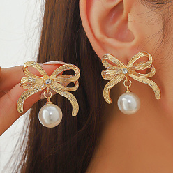 Bowknot Элегантные серьги-гвоздики из сплава, с имитацией жемчуга, золотые, бантом