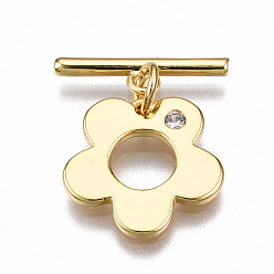 Real 18K Gold Plated Brass Micro Pave Clear Cubic Zirconia Toggle Clasps, Nickel Free, Flower, Real 18K Gold Plated, 20mm long, Bar: 16x4x1.5mm, hole: 1.5mm, Jump Ring: 5x1mm, Inner Diameter: 3mm, Flower: 14x14.5x1mm, Hole: 1.2mm
