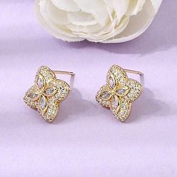 Clair Micro cuivres ouvrent zircone cubique boucles d'oreille, boucles d'oreilles pavées, fleur, sans plomb et sans cadmium, crémaillère plaquage, plaqué longue durée, réel 18 k plaqué or, clair, 15.5x15.5mm