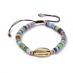 Colorful Nylon Thread Braided Beads Bracelets, with Polymer Clay Heishi Beads, Glass Seed Beads and Alloy Pendants, Cowrie Shell, Colorful, 2 inch(5.2cm)