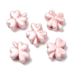 Pink Handmade Porcelain Beads, Bright Glazed Porcelain, Clover, Pink, 13x12x6mm, Hole: 2mm