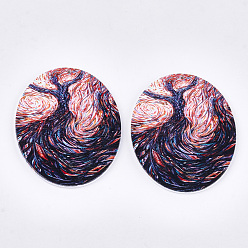 Colorful Printed Wooden Big Pendants, Dyed, Oval, Colorful, 63x50x2.5mm, Hole: 1.2mm