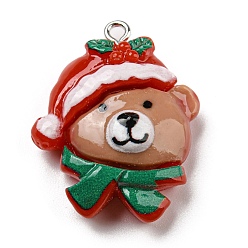 Медведь Непрозрачные подвески смолы, рождественские подвески с железными петлями с платиновым покрытием, медведь, 29.5x24x9 мм, отверстие : 2 мм