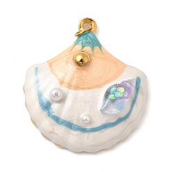 Разноцветный 304 нержавеющей стальной эмали подвески, с подвесками из искусственного жемчуга в виде ракушек, ионное покрытие (ip), реальный 18 k позолоченный, красочный, 29x26x7 мм, отверстие : 2.5 мм