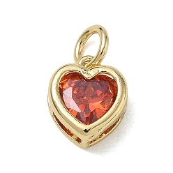 Red Brass Pave Cubic Zirconia Charms, Heart Charms, Single Stone Charms, Long-Lasting Plated, Rack Plating, Lead Free & Cadmium Free, Real 18K Gold Plated, Red, 12x10x5mm, Hole: 5mm