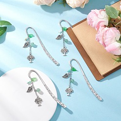 Античное Серебро Подвески-закладки из сплава в форме дерева и листа, с натуральным радужным лунным камнем, цветочным амазонитом, амазонитом и зеленым авантюрином, античное серебро, 117.5x22x2 мм, 4 шт / комплект