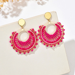 Темно-Розовый Плоские круглые 304 серьги-гвоздики из нержавеющей стали с бусинами из стекла, золотые, темно-розовыми, 70x52 мм