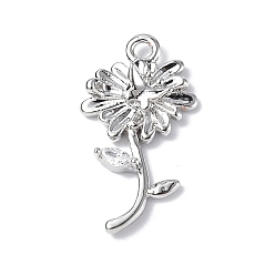 Real Platinum Plated Brass Micro Pave Cubic Zirconia Pendants, Daisy Flower Charm, Real Platinum Plated, 17.5x10x3mm, Hole: 1.4mm