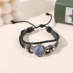 (306FM) Жонкиль матовый с лаймовой подкладкой Многорядные браслеты из натуральной голубой яшмы с плоскими круглыми звеньями, плетеные трехслойные браслеты из искусственной кожи для мужчин и женщин, внутренний диаметр: 2-1/8~2-1/2 дюйм (5.5~6.5 см)