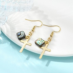 Real 18K Gold Plated 304 Stainless Steel Dangle Earrings, Cross with Rhombus, with Natural Paua Shell Pendants, Real 18K Gold Plated, 44x12mm