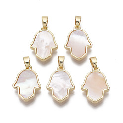 Морская Ракушка Латунные подвески, С пресноводной оболочкой, без никеля , реальный 18 k позолоченный, hamsa рука / рука fatima / рука miriam, цвет морской раковины, 17x12x3 мм, отверстие : 2x4 мм