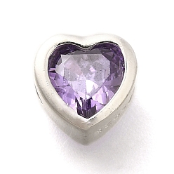 Лиловый 925 бусины из стерлингового серебра с кубическим цирконием, сердце, с печатью 925, серебряный цвет гальваническим, сирень, 6.5x6.5x4.5 мм, отверстие : 1.5 мм