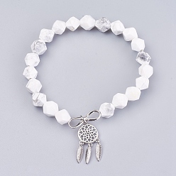 Howlite Natural Howlite Beads Charm Bracelets, with Brass Findings, Woven Net/Web with Feather, 2 inch(5.2cm), Pendant: 24x10.5x2mm