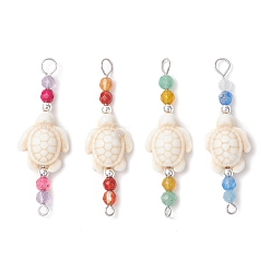 Turtle 4шт. 4 цвета летний пляжный окрашенный синтетический бирюзовый соединительные подвески, с натуральным аквамарином, окрашенным агатом, зеленым авантюрином и аметистом, гранеными круглыми бусинами и 304 двойными петлями из нержавеющей стали, цвет нержавеющей стали, черепаха, 44.5~45.5x13x7 мм, отверстие : 2 мм, 1 шт / цвет