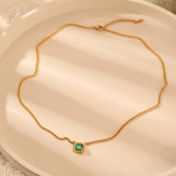 Настоящее золото 18K Квадратный кулон из нержавеющей стали с зеленым папоротником, кубинская цепочка с подвеской, ожерелья унисекс, реальный 18 k позолоченный, 17.72 дюйм (45 см)