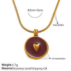 Темно-Красный 304 Плоское круглое ожерелье из нержавеющей стали с эмалированным покрытием и подвеской в виде сердца для женщин, реальный 18 k позолоченный, темно-красный, 15.75 дюйм (40 см), Кулон : длиной 15.7 мм 