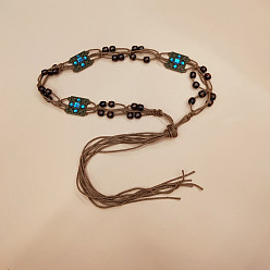 Квадрат Богемный стиль сплав паве темно-синее стекло с деревянными бусинами обертка джутовый шнур цепи на талию живот для женщин, античная бронза, квадратный, 1700 мм