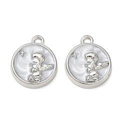 Platinum Alloy Enamel Pendants, Flat Round with Angel Charms, Platinum, 17x14.5x3mm, Hole: 1.6mm