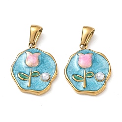 Golden 304 Stainless Steel Enamel Pendants, Nuggets with Flower Charmss, with ABS Imitation Pearl, Ion Plating(IP), Long-Lasting Plated, Golden, Golden, 21x16.5x4mm, Hole: 2.5x6mm