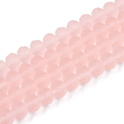 Pink Прозрачные стеклянные бусины, граненые, матовые, рондель, розовые, 8 мм, отверстие : 1 мм, около 60~62 шт / нитка, 39~40 см