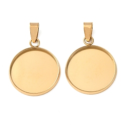 Chapado en Oro Real 18K 304 Configuración de cabujón colgante del acero inoxidable, encantos planas redondas, revestimiento de iones (ip), real 18 k chapado en oro, Bandeja: 18 mm, 23.5x19.5x2 mm, agujero: 6x3.5 mm
