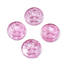 Flamingo Spray Painted Transparent Resin Cabochons, Flat Round with Flower, Flamingo, 10x3.5mm