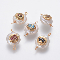 (52) Непрозрачная лаванда Соединители звеньев натурального жемчуга, с латунными микро проложить кубических выводы циркония, самородки с дурным глазом, золотые, разноцветные, 22~25x12~14x6~8 мм, отверстие : 1.6 мм