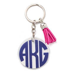 Dark Blue Acrylic Flat Round with Suede Tassel Pendant Keychain, with Iron Key Ring, Dark Blue, 100mm