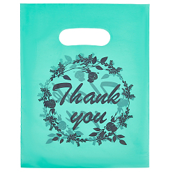 Turquoise 100 pièces de sacs réutilisables écologiques imprimés « merci », Sacs de courses en PE avec anse trouée, rectangle, turquoise, 20.2x14.5x0.008 cm