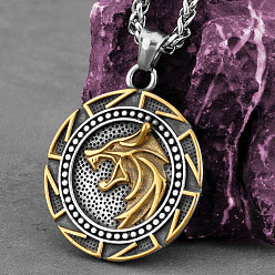 Golden & Stainless Steel Color 304 Stainless Steel Viking Wolf Round Medal Pendant Necklaces for Men, Golden & Stainless Steel Color, 23.62 inch(60cm)
