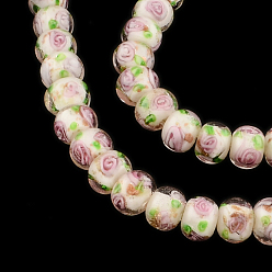Pink Handmade Rondelle Gold Sand Inner Flower Lampwork Beads, Pink, 10~11x8mm, Hole: 1.5~2mm