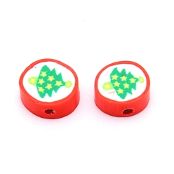 Зеленый Бусины из полимерной глины ручной работы, плоский раунд с рисунком елки, зелёные, 9~11x4~5 мм, отверстие : 1.4 мм