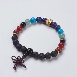 Lavastein Chakra-Schmuck, natürliche Lavastein- und Mischstein-Buddha-Stretch-Armbänder, mit Messing-Zubehör, Würfel mit Om-Symbol, 2-1/4 Zoll (58 mm), Anhänger: 40x10 mm