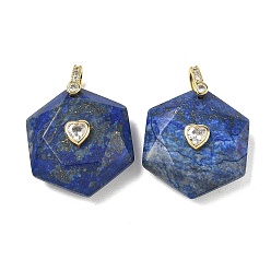 Lapis Lazuli Dyed Natural Lapis Lazuli Faceted Pendants, Hexagon Charms with Brass Pave Heart Clear Cubic Zirconia Findings, Golden, 38x28.5x13mm, Hole: 5.5x4.5mm