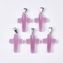 Flamingo Cat Eye Pendants, with Stainless Steel Peg Bails, Cross, Stainless Steel Color, Flamingo, 28~30x18x6mm, Hole: 7x3.5mm