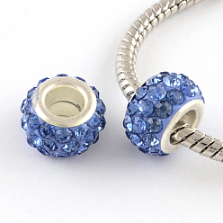 Light Sapphire Polymer Clay Rhinestone European Large Hole Beads with Silver Color Plated Brass Cores, Rondelle, Light Sapphire, 11~12x7~7.5mm, Hole: 5mm