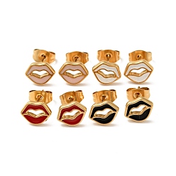 Mixed Color Enamel Lip Stud Earrings with 316 Surgical Stainless Steel Pins, Gold Plated 304 Stainless Steel Jewelry for Women, Mixed Color, 7x8.5mm, Pin: 0.8mm