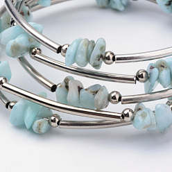 Larimar Natural Larimar Beaded Wrap Bracelets, with Steel Bracelet Memory Wire, Iron Beads and Brass Tube Beads, Platinum, 2-1/8 inch(54mm)
