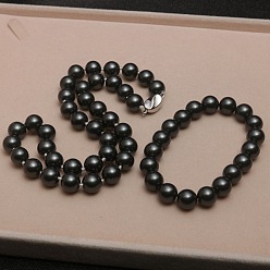 Черный Комплекты ожерелий и браслетов из круглых бусин с ракушечным жемчугом для женщин, чёрные, 450x10 мм, 2 шт / комплект