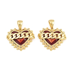 Clear Brass Micro Pave Cubic Zirconia Pendants, with Red Enamel, Heart with Chain Charms, Rack Plating, Long-Lasting Plated, Lead Free & Cadmium Free, Real 18K Gold Plated, Clear, 15.5x19x6mm, Hole: 5x2.5mm