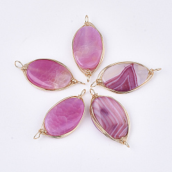 Ярко-Розовый Соединители с проволочной обмоткой из натурального агата, с железной проволокой, окрашенные, овальные, золотые, ярко-розовый, 45~60x20~30x5~8 мм, отверстие : 4 мм