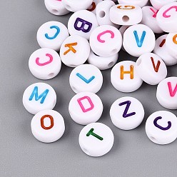 Mixed Color Opaque Acrylic Craft Beads, Flat Round with Letter Pattern, Mixed Color, 10x4mm, Hole: 2mm, about 1600pcs/500g