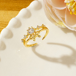 Bowknot Brass Micro Pave Cubic Zirconia Cuff Open Rings for Women, Golden, Bowknot, 15~20mm