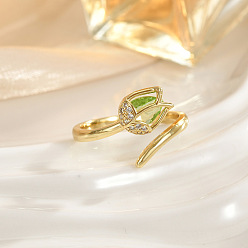 Желто-Зеленый Открытые кольца манжеты из латуни с микропаве и кубическим цирконием, Цветок тюльпана, золотые, желто-зеленый, 15~20 мм